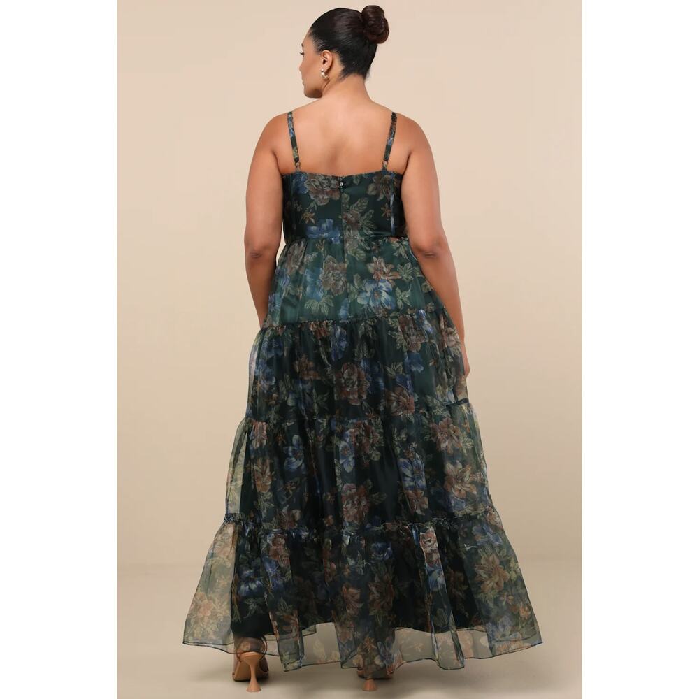 NEW Lulus Exclusive Glamour Green Floral Organza Tiered Maxi Dress Size 2X Boho - Picture 3 of 12